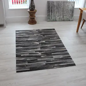 Grey Handmade , Luxurious , Modern , Cowhide Wasy to Clean Leather Striped Rug for Living Room, Bedroom - 120cm X 170cm