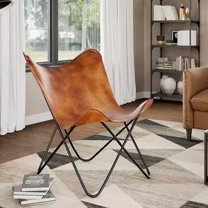 vidaXL Butterfly Chair Brown Real Leather