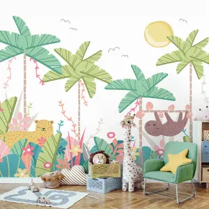 Origin Murals Children's Jungle Animals Pale Green Matt Smooth Paste the Wall 300cm wide x 240cm high