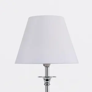 First Choice Lighting Chrome Plated Stacked Bedside Table Light Faceted Acrylic Detail White Fabric Shade