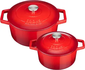 Cast Iron Casserole Set of 2 20cm & 26cm / 2.8L & 5.8L Dishes Oven Proof Enamelled Cast Iron Pans with Lids