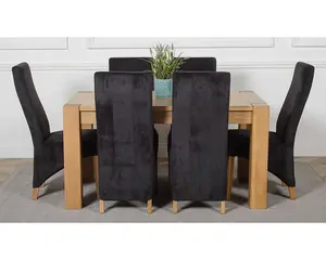 Kuba 150 x 85 cm Chunky Medium Oak Dining Table and 6 Chairs Dining Set with Lola Black Fabric Chairs