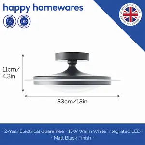 Modern and Sleek Semi Flush LED Powered Ceiling Light Fitting in Matt Black