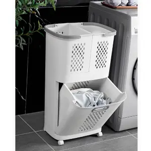 Laundry Basket 2 Tier 3 Section Laundry Hamper Sorter Divided Clothes Storage Organizer on Wheels