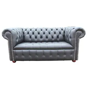 Chesterfield 2 Seater Buttoned Seat Silver Stud Sofa Black Real Leather In Classic Style