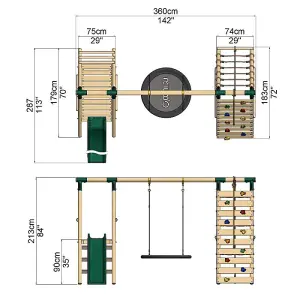 Rebo Wooden Swing Set with Deck and Slide plus Up and Over Climbing Wall - Pyrite Green