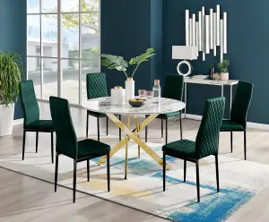 Furniturebox UK Novara White Marble Gold Leg 120cm Round Dining Table & 6 Green Velvet Milan Black Leg Chairs