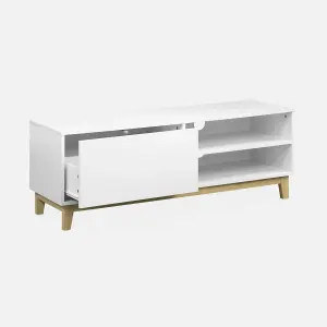 sweeek. 1-drawer TV unit with wooden legs Floki White 120x40x45 cm