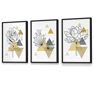 Set of 3 Framed Yellow and Grey Geometric Flowers Wall Art Prints / 30x42cm (A3) / Black Frame