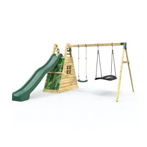 Rebo Wooden Pyramid Activity Frame with Swings and 10ft Water Slide - Rainbow