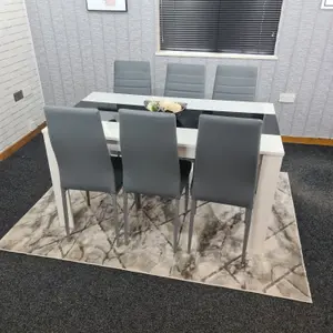 Modern White and Black Wood Dining Table With 6 Grey Faux Leather Metal Chairs