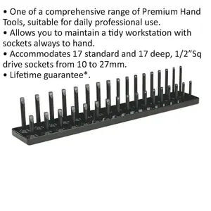 515mm 1/2 Inch Square Drive Socket Holder with 34 Bit Capacity for Standard and Deep Sockets