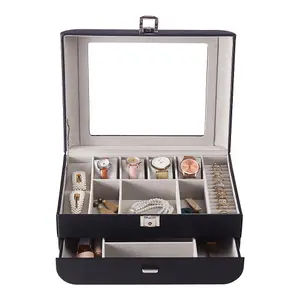 Sleek Black Faux Leather Jewelry Box with Transparent Lid