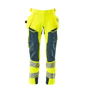 Mascot Accelerate Safe Trousers with Holster Pockets - Hi-Vis Yellow/Dark Petroleum   (36.5) (Leg Length - Long)