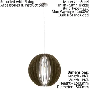 Pendant Ceiling Light Colour Satin Nickel Shade Mid Brown Wood Bulb E27 1x60W