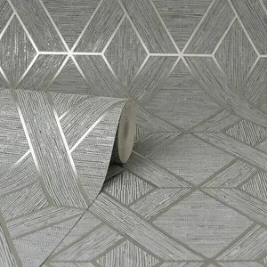 Fine Decor Miya Grey Metallic Geometric Textured Wallpaper FD43152