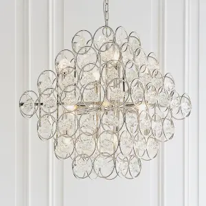 Polished Nickel Tiered Ceiling Pendant Light - Ornate Crystal Details - 14 Bulb