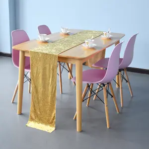 Neel Blue Crushed Velvet Table Runner, Gold - 33cm x 274cm