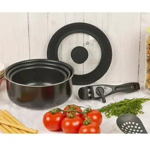 URBN-CHEF 3pcs Black Ceramic Induction Saucepan Set with Lid Stackable Detachable Handle