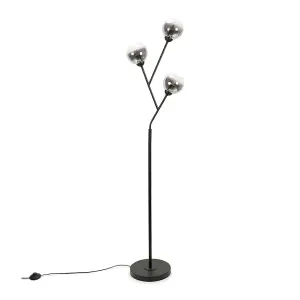 ValueLights Aria Black Metal 3 Way Standing Floor Lamp with Smoked Glass Lampshades - Bulbs Included