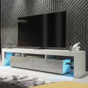 TV Unit 200cm Sideboard Cabinet Cupboard TV Stand Living Room High Gloss Doors - White & Grey