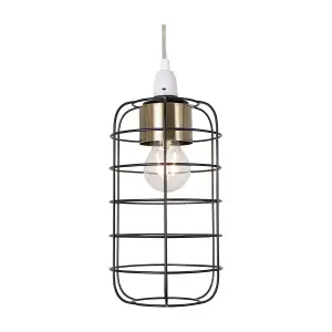 First Choice Lighting Cage Black and Antique Brass Industrial Style Easy Fit Pendant Shade