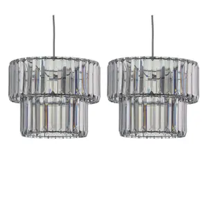 First Choice Lighting Set of 2 Clint Smoked Acrylic Crystal Two Tier Easy Fit Pendant Shades