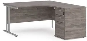 Office Desk | Right Hand Corner Desk 1400mm With Pedestal | Grey Oak Top With Silver Frame | Maestro 25