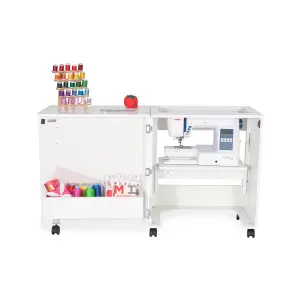 Compact White Sewing Machine Cabinet with Lift Mechanism