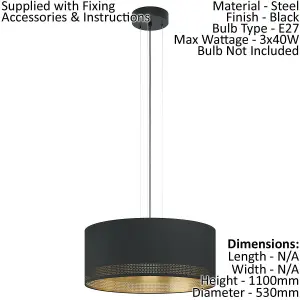 Pendant Ceiling Light Colour Black Shade Black Gold Fabric Bulb E27 3x40W