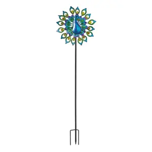 Peacock Wind Spinner with Solar Powered Crackle Glass Globe - Outdoor Decoration with Multicoloured LED Lights - H130 x 38cm