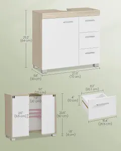 VASAGLE Under Sink Bathroom Cabinet, Storage Cabinet, with 3 Drawers, Compartments Behind the Door, Cloud White and Natural Beige