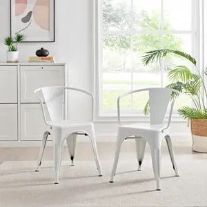 Honora Classic Industrial Metal Dining Chair with Arms - Style Bold Colour Stackable Side Chair (Set of 2) White