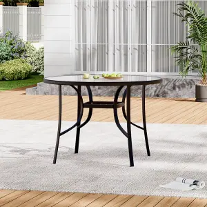 Black Round Tempered Glass Tabletop Metal Outdoor Garden Coffee Table with Parasol Hole 105cm