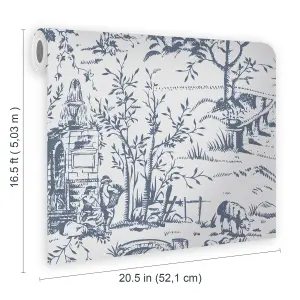 Laura Ashley Toile de Jouy Blue Classical Smooth Wallpaper