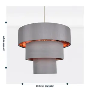 First Choice Lighting Easy Fit Staggered 3 Tier Grey Faux Silk Slub Fabric Shade with Copper Board Inner