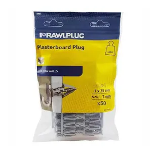 50 x Genuine Rawl Plasterboard Hollow Wall Plugs 7 x 35mm Expansion Fixings, Grey