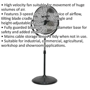 Industrial 20" Pedestal Fan - 3 Speed Settings - High Velocity - Fully Guarded