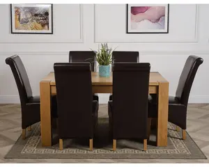 Kuba 150 x 85 cm Chunky Medium Oak Dining Table and 6 Chairs Dining Set with Montana Brown Leather Chairs