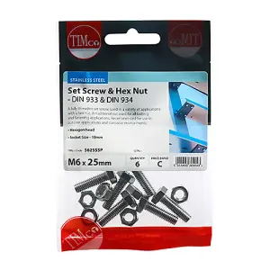 Timco - Set Screws & Hex Nuts - Stainless Steel (Size M6 x 25 - 6 Pieces)