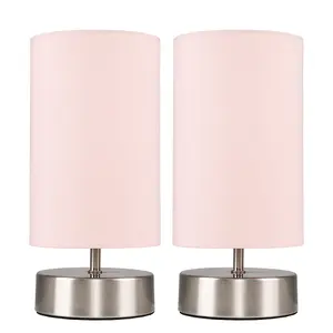 ValueLights Francis Pair of Francis Satin Touch Dimmer Bedside Table Lamps with Pink Cylinder Light Shades