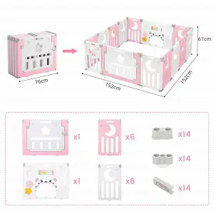 12+2 Panel Baby Foldable Playpen with Safety Gate 25 Sq.ft - Pink White