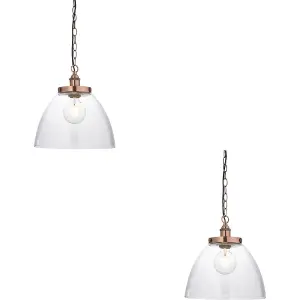 2 PACK Hanging Ceiling Pendant Light - Aged Copper Plate & Clear Glass - 10W LED E27