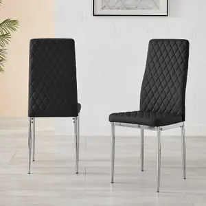 Set of 6 Milan Black High Back Soft Touch Diamond Pattern Faux Leather Chromed Metal Leg Dining Chairs