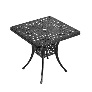 Black Square Vintage Hollow Design Cast Aluminum Outdoor Patio Dining Table with Parasol Hole All Weather