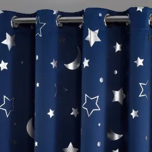 Dreamscene Galaxy Star Thermal Blackout Curtains PAIR of Eyelet Ring Top Ready Made Panels Metallic Moon - Navy Blue,66" x  90"