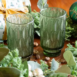 Set of 4 Vintage Luxury Green Trailing Leaf Drinking Tall Tumbler Glasses 450ml