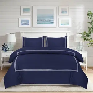 My Home Store Junco Microfiber 3 Piece Luxury Bratta Stitch Duvet Cover Sets With Pillowcase Navy Blue/White / Single - 1 Standard Pillowcase