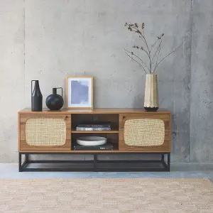 sweeek. Wood and rounded cane TV stand Retro Natural 140x40x55 cm