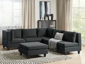 Corner Sofa with Ottoman UNSTAD Black Fabric Right Hand